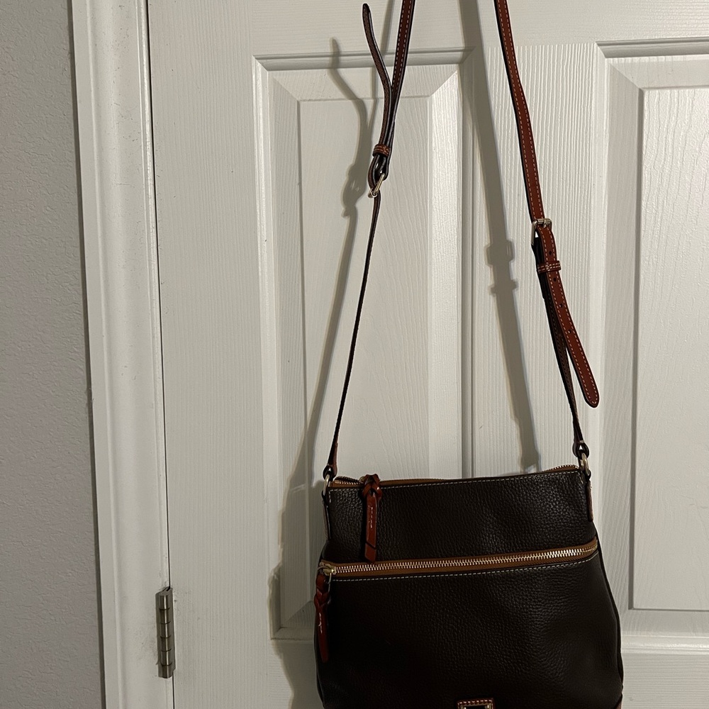 Dooney & Bourke Brown and Tan Pebbled Leather Crossbody Bag - Picture 3 of 5